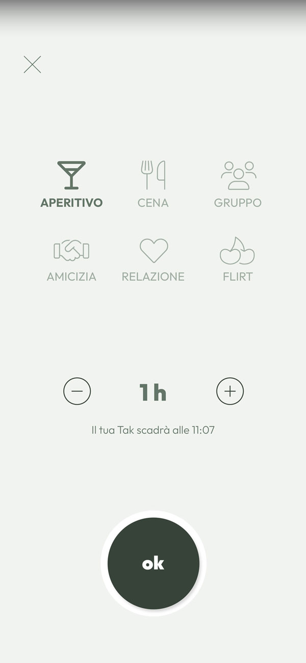 La schermata dei filtri per trovare altri utenti in base a interessi e obiettivi, come amicizia, relazione o flirt.